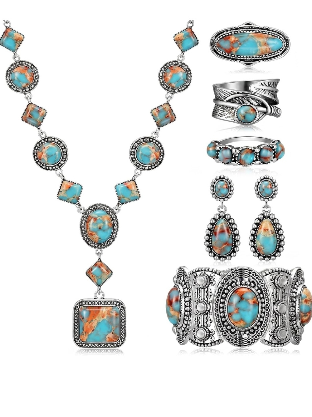 Boho Turquoise & Coral Stone 7-Piece Jewelry Set - Women